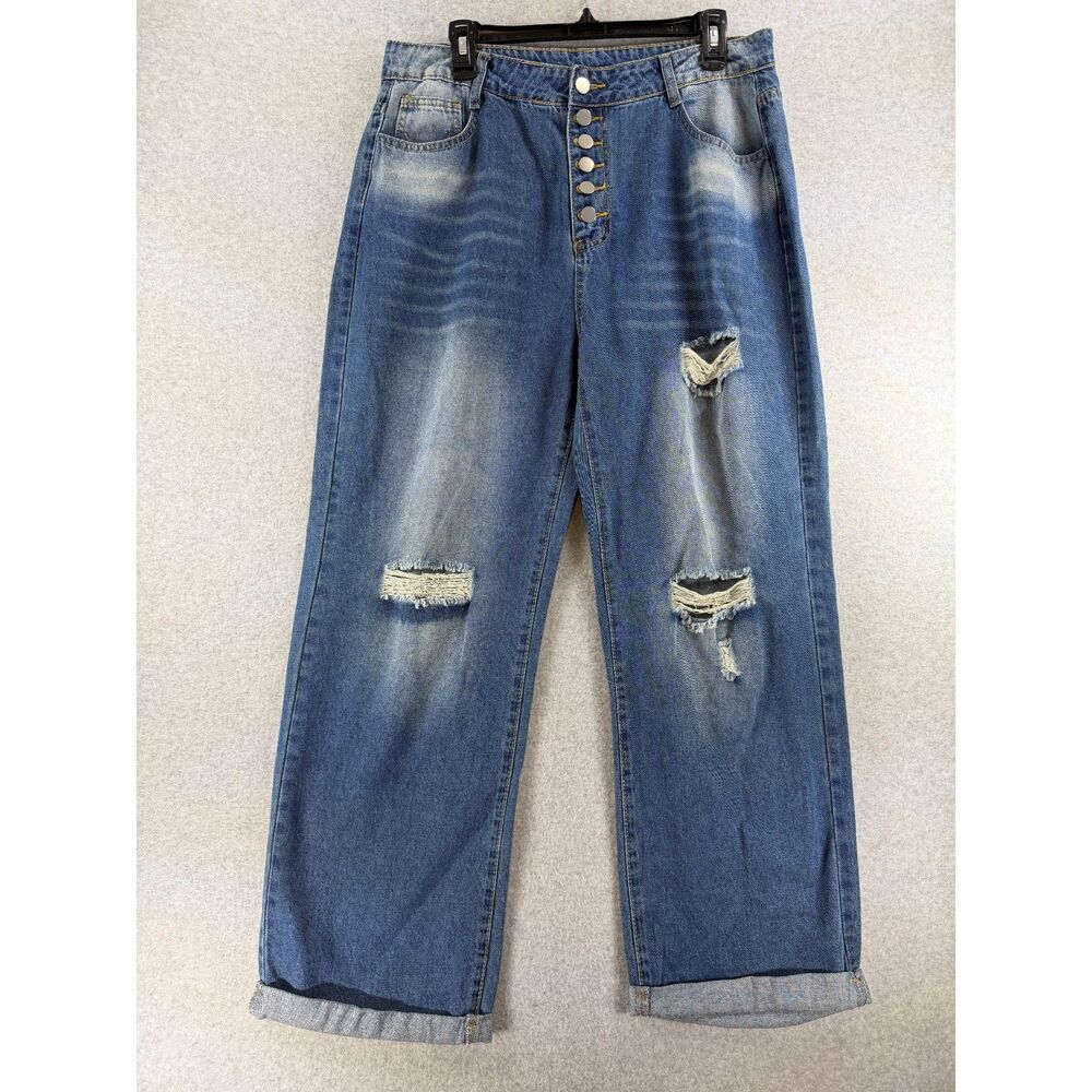 Women’s XL 34" Waist Distressed Wide Leg Button Fly Jeans Blue Y2K 3554